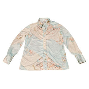 Vintage Fountain Square Blouse Retro 70s Button Front Floral Sheer Women READ
